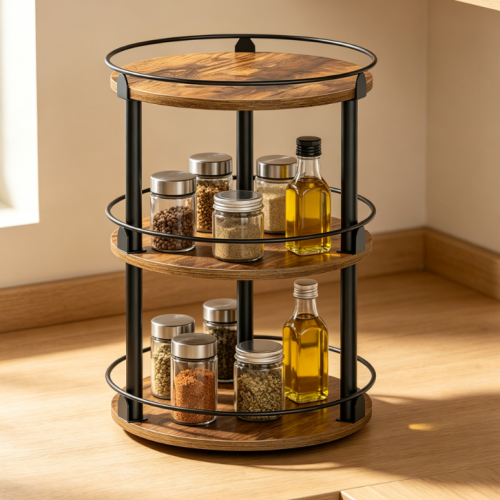 Retro Brown & Black Three-Layer Rotating Condiment Rack